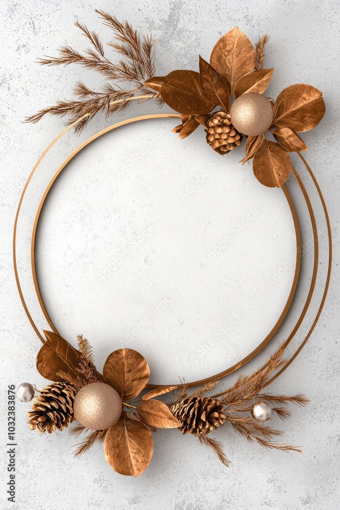Fototapeta premium Elegant circular frame adorned with dried flowers, pine cones, and golden accents on a neutral background.