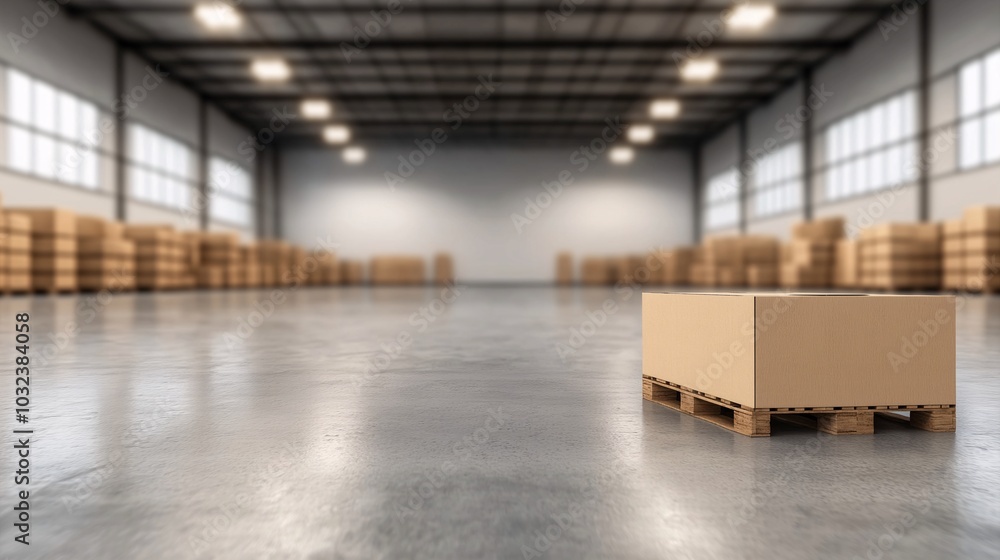 Warehouse Inventory: A single cardboard box on a pallet in a vast, well-lit warehouse. The image conveys efficiency, organization, and the scale of modern logistics. Warehouse Inventory: A single cardboard box on a pallet in a vast, well-lit warehouse. The image conveys efficiency, organization, and the scale of modern logistics.