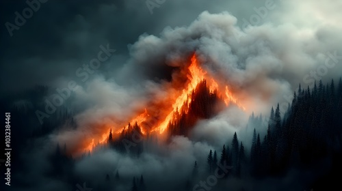 Raging forest fire devouring a mountainside with billowing plumes of gray smoke obscuring the surrounding countryside creating an apocalyptic dramatic and intense landscape