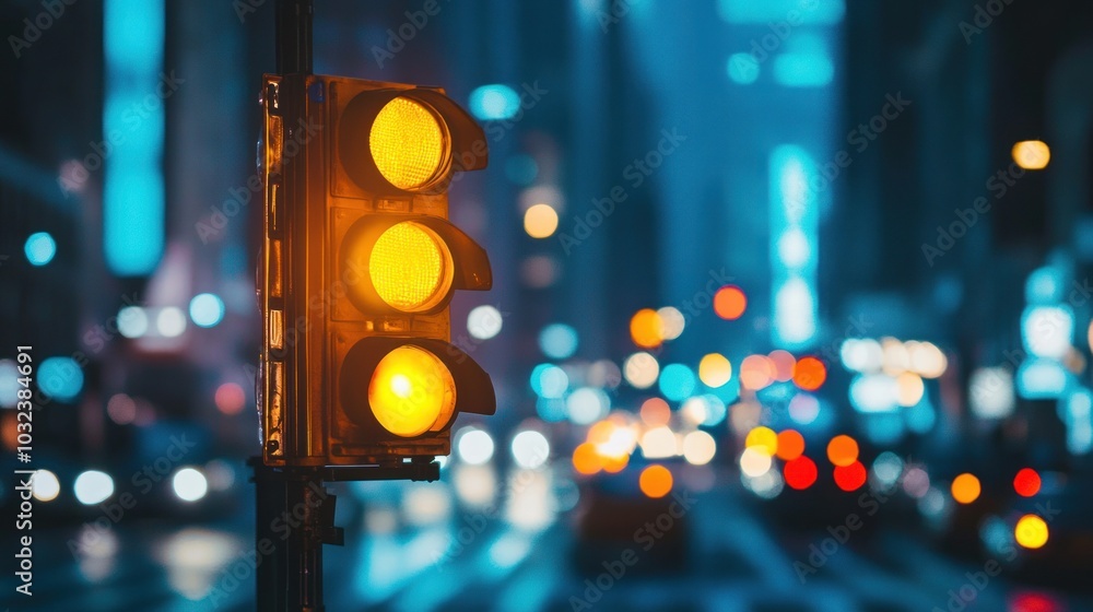 A traffic light displaying a yellow signal in a bustling urban setting at night. A traffic light displaying a yellow signal in a bustling urban setting at night.