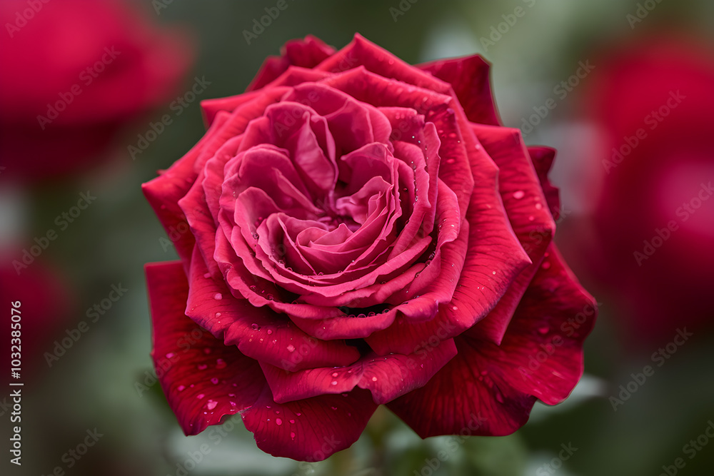 Dew covered red rose blooms fully, intricate petal layers shine against blurred background Dew covered red rose blooms fully, intricate petal layers shine against blurred background