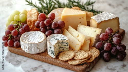 Assorted Cheeses and Fruits on Wooden Board