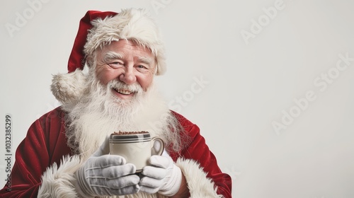 Santa Claus with a cheerful expression holding a cup of hot cocoa isolated on a clean white backdrop