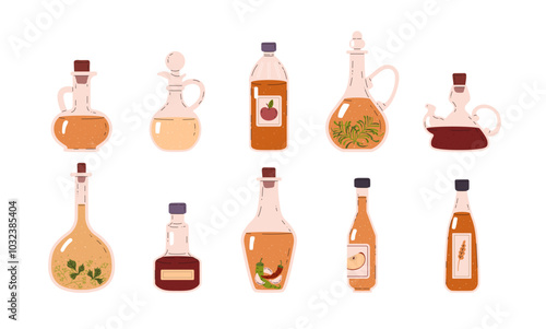Variety of vinegar in glass bottles vector set. Isolated background.