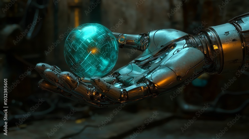 Futuristic Robotic Hand Holding a Glowing Sphere Futuristic Robotic Hand Holding a Glowing Sphere