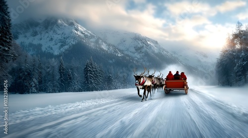 A group of reindeer pulling a traditional sleigh through a snowy forested landscape in a winter wonderland scene The peaceful serene setting evokes the magic and festivity of the holiday season