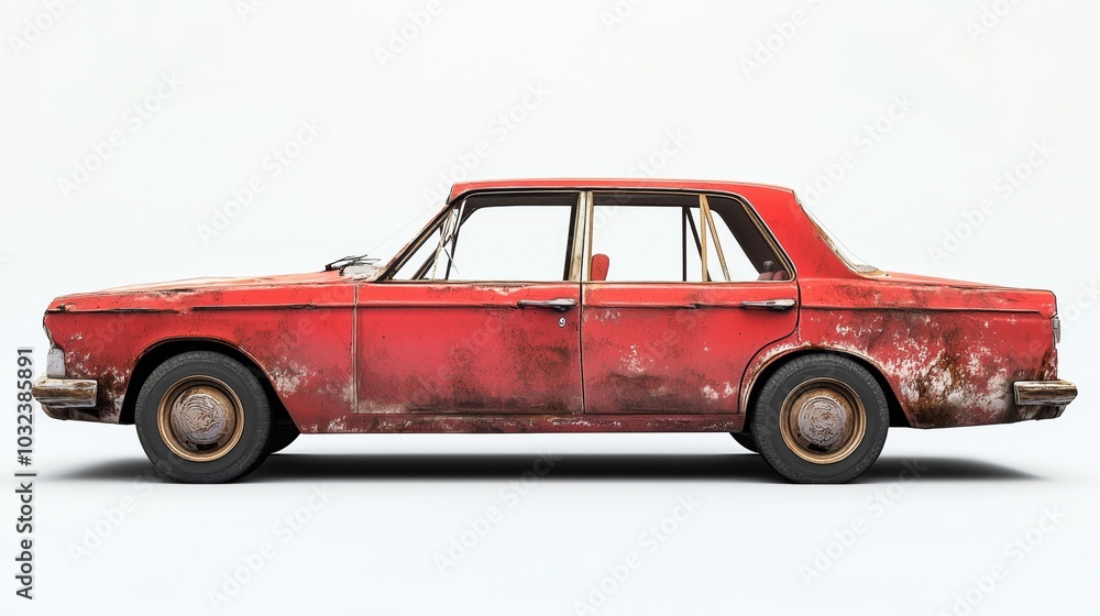 Rusty old red car side view with worn-out paint on a white background Rusty old red car side view with worn-out paint on a white background