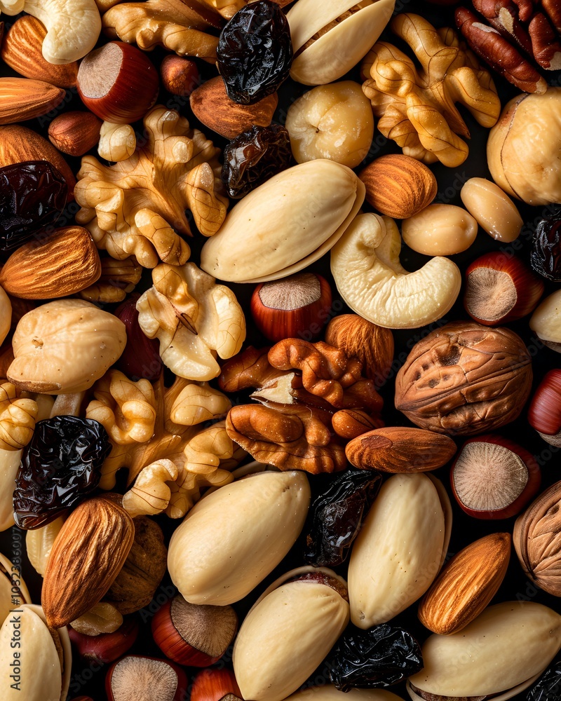 Assorted Nuts and Dried Fruits on Black Background Assorted Nuts and Dried Fruits on Black Background