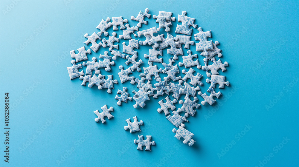 puzzle pieces arranged in the shape of human brain against a plain blue ...