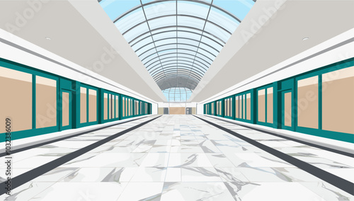 A large shopping mall, outlet with glass ceiling and marble floor. The mall is brightly lit and has a modern design. Vector illustration.	