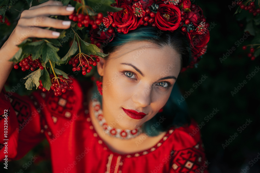 Charming Ukrainian Woman In Traditional Outfit, Wreath. Red viburnum tree. Charming Ukrainian Woman In Traditional Outfit, Wreath. Red viburnum tree.