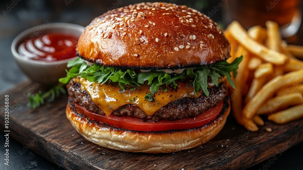 Delicious Cheeseburger with Fries and Ketchup Delicious Cheeseburger with Fries and Ketchup