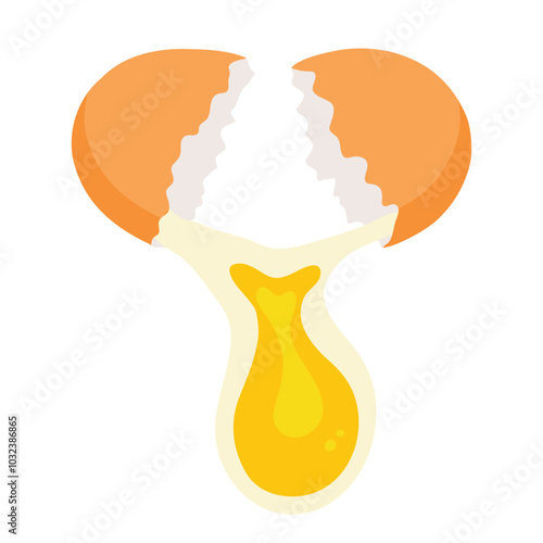 Broken chicken eggs with yolk, isolated on a white background. Cooking process, vector simple flat illustration. 