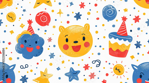 Playful Cartoon Birthday Pattern with Characters and Party Icons