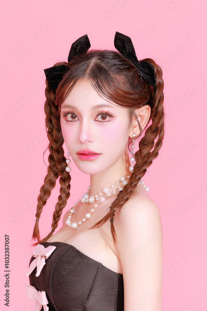 Naklejka premium Gorgeous fashionable Asian woman two side braids in tight trendy dress perfect slim fit body clean fresh skin posing on isolated pink background. Sexy lady good shape model portrait in studio.