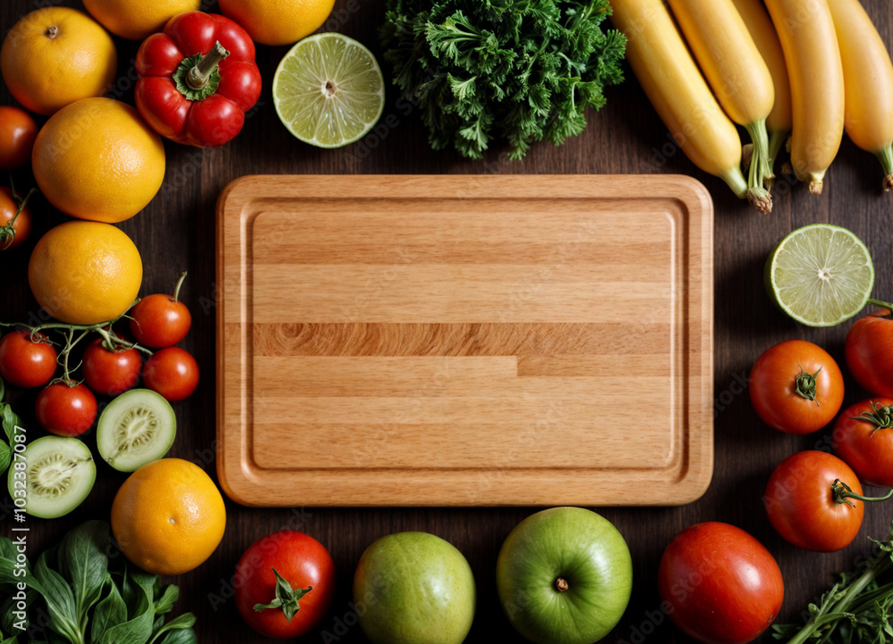 Variety of green fruits and vegetables with empty wooden cutting board. Top view, copy space. Variety of green fruits and vegetables with empty wooden cutting board. Top view, copy space.