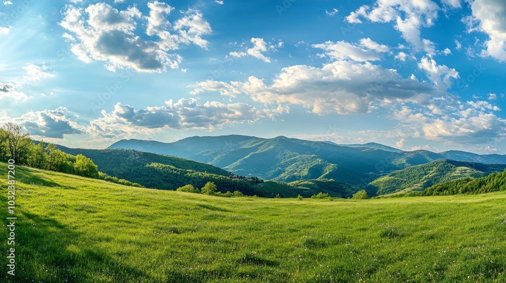 Obraz premium A panoramic view of lush green hills under a bright blue sky with scattered clouds.