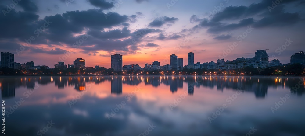 Naklejka premium Serene Cityscape at Sunrise Over Calm Reflective Water