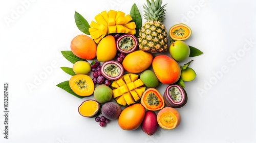 Fototapeta Naklejka Na Ścianę i Meble -  Visually striking arrangement of assorted tropical fruits including pineapple mango guava and passionfruit elegantly displayed on a crisp white backdrop with a minimalist