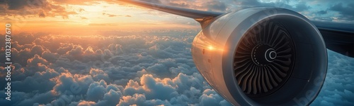 Jet engine that is flying above the clouds