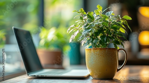 Modern Office Desk Setup with Laptop and Coffee Cup