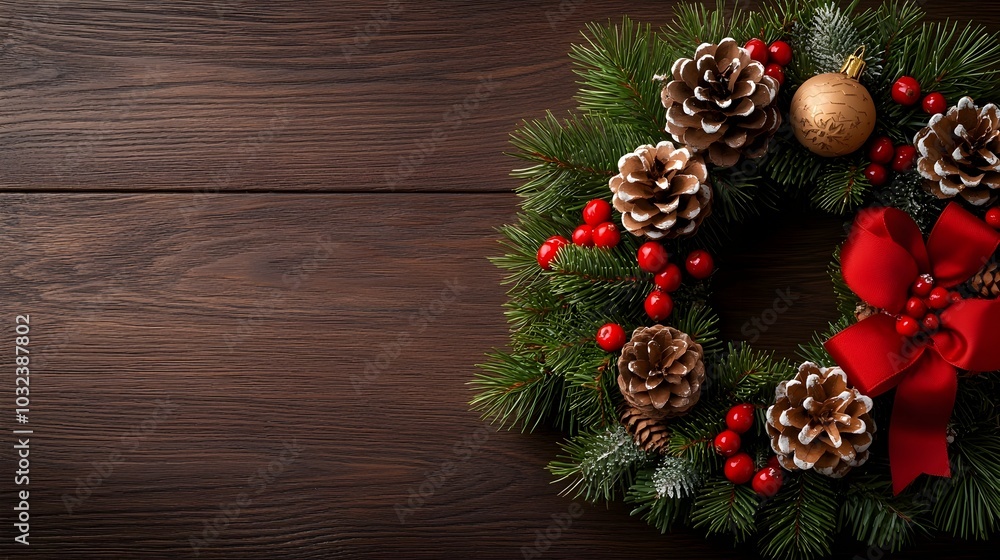 Close up of a beautifully crafted Christmas wreath adorned with pinecones red berries and a vibrant red ribbon creating a cozy and festive seasonal Close up of a beautifully crafted Christmas wreath adorned with pinecones red berries and a vibrant red ribbon creating a cozy and festive seasonal