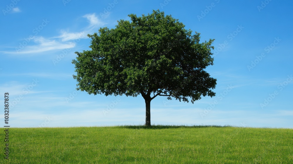 A solitary tree stands in a lush green field under a clear blue sky. A solitary tree stands in a lush green field under a clear blue sky.