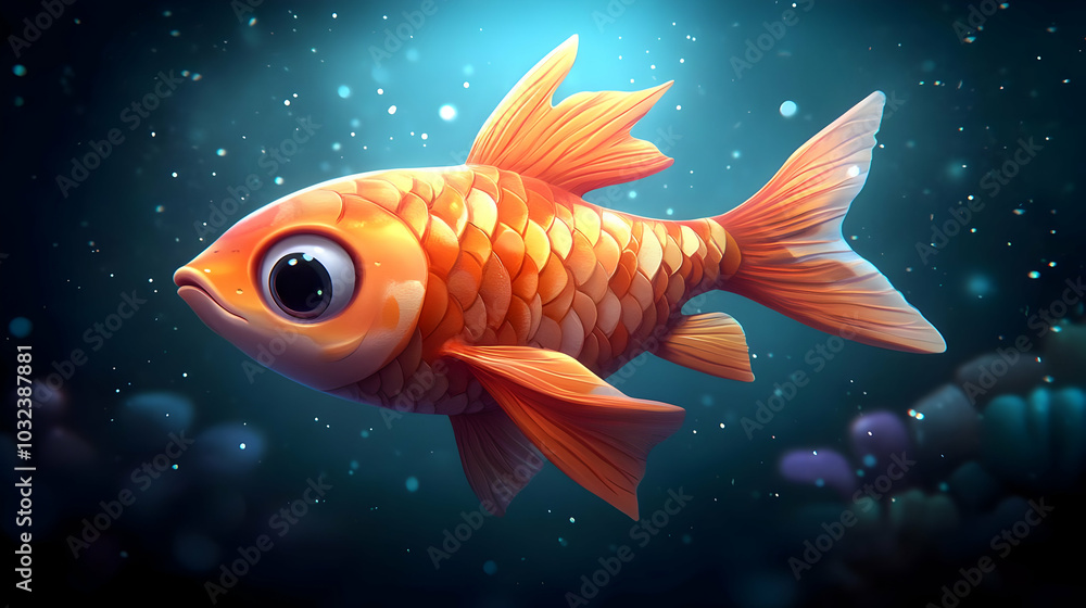 A Detailed Look at a Shiny Orange Fish Swimming Through the Depths of the Ocean with Tiny Bubbles and Coral Reefs in the Background A Detailed Look at a Shiny Orange Fish Swimming Through the Depths of the Ocean with Tiny Bubbles and Coral Reefs in the Background