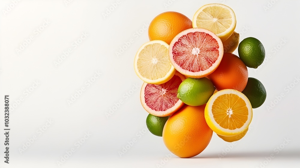 Striking image of a levitating array of vibrant citrus fruits including oranges lemons limes and grapefruits suspended in a dynamic and abstract midair arrangement Striking image of a levitating array of vibrant citrus fruits including oranges lemons limes and grapefruits suspended in a dynamic and abstract midair arrangement