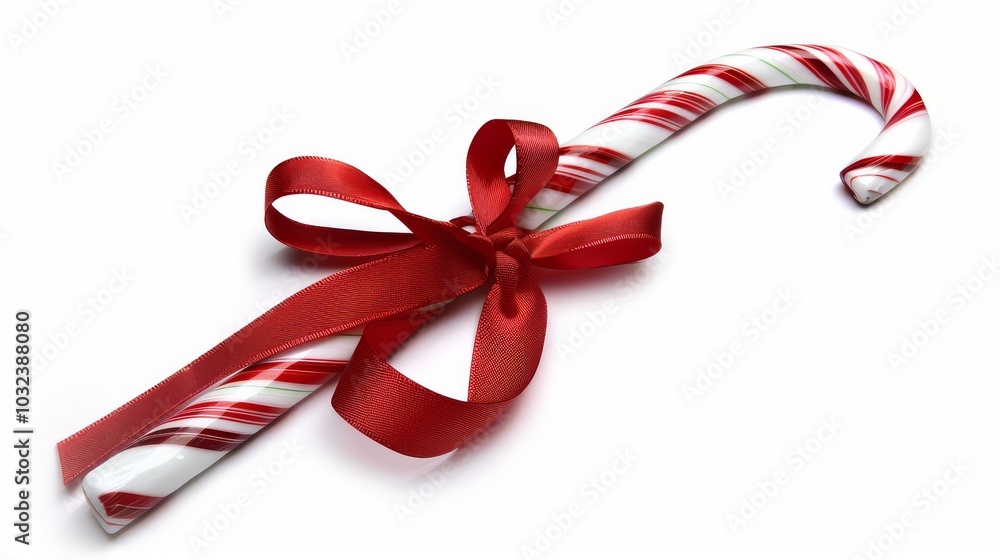 Candy Cane with Red Ribbon on White Background Candy Cane with Red Ribbon on White Background