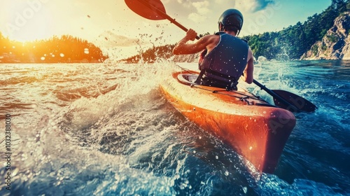 A kayaker navigating through rapids, splashing water and showing adrenaline