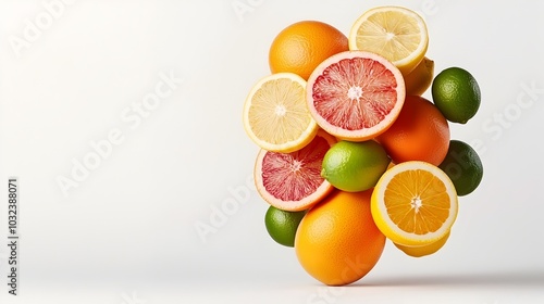 Fototapeta Naklejka Na Ścianę i Meble -  Striking image of a levitating array of vibrant citrus fruits including oranges lemons limes and grapefruits suspended in a dynamic and abstract midair arrangement