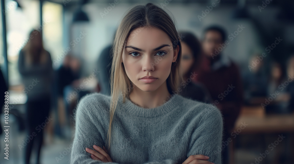 A strong businesswoman standing office and blurred group of employees looking, laughing at her. bullying workplace, management conflict, gossiping, Gender Inequality concepts. A strong businesswoman standing office and blurred group of employees looking, laughing at her. bullying workplace, management conflict, gossiping, Gender Inequality concepts.