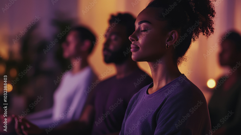 A group of individuals engaging in a digital spirituality platform, participating in a virtual meditation session with calming visuals on their screens A group of individuals engaging in a digital spirituality platform, participating in a virtual meditation session with calming visuals on their screens