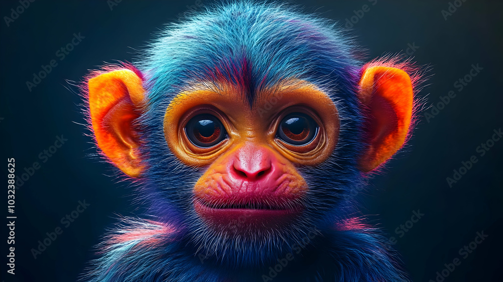 A Close-Up View of a Colorful Baby Monkey with Bright Blue Fur, Orange Ears, and Red Lips, Looking Directly at the Camera