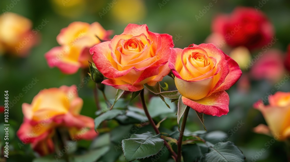 Two Orange and Red Roses in Bloom with Green Foliage Two Orange and Red Roses in Bloom with Green Foliage