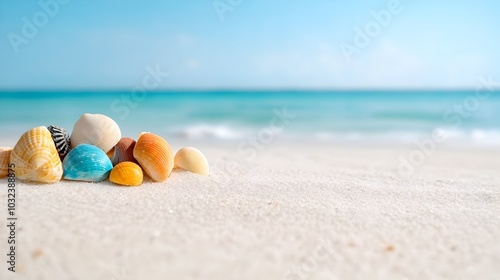 Serene tropical beach with powdery white sand colorful seashells scattered along the shore and a hazy dreamlike backdrop evoking a sense of tranquility captured in a cinematic