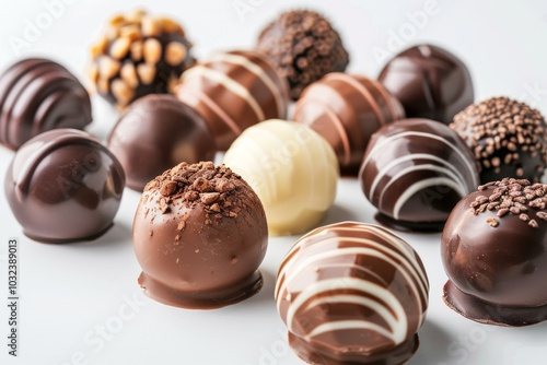 Assorted filled chocolate candies on a white background, with full depth of field, highlighting the glossy finishes and rich fillings photo