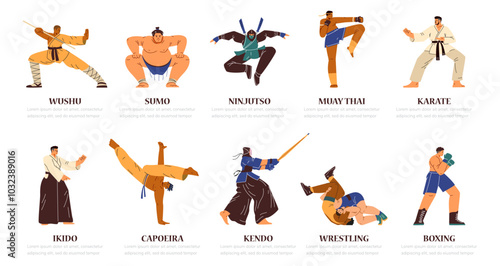A vector collection of martial arts vectors, including wushu, sumo, karate and more