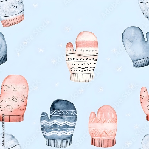 Soft watercolor inspired winter mittens in muted pastel shades arranged in a seamless pattern on a calming blue background  This cozy minimal design evokes a sense of warmth and winter serenity photo