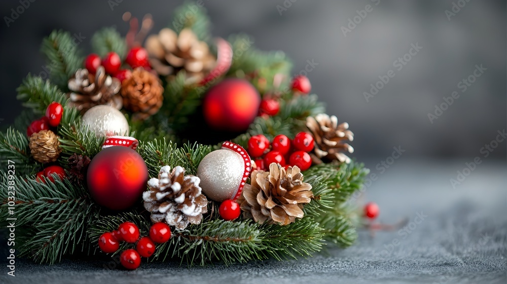 Elegant Christmas wreath adorned with lush red berries and a vibrant festive ribbon creating a warm and inviting holiday for the home or outdoor spaces Elegant Christmas wreath adorned with lush red berries and a vibrant festive ribbon creating a warm and inviting holiday for the home or outdoor spaces