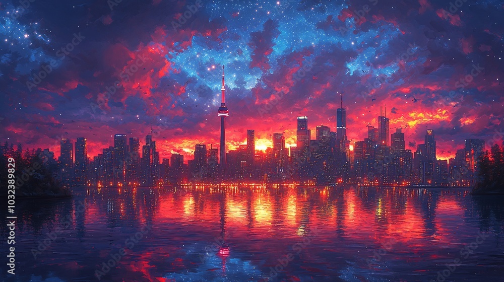 Fototapeta premium A vibrant cityscape with a stunning sunset over the water, showcasing a skyline with tall buildings.