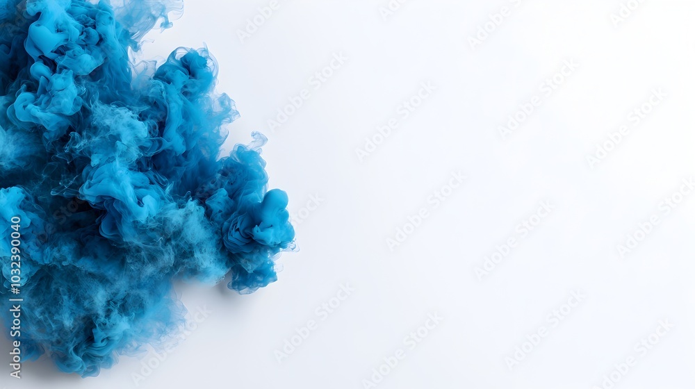 Fototapeta premium Dramatic Blue Smoke Explosion with Detailed Wispy Tendrils and Varied Opacity on Clean White Background for Contemporary Digital or Abstract Art