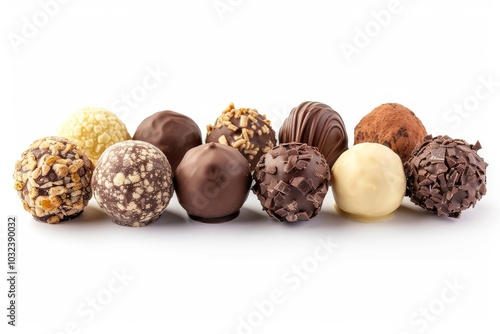 Assorted filled chocolate candies on a white background, with full depth of field, highlighting the glossy finishes and rich fillings photo