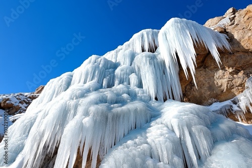 Frozen waterfalls cascading down rocky cliffs, covered in icicles photo