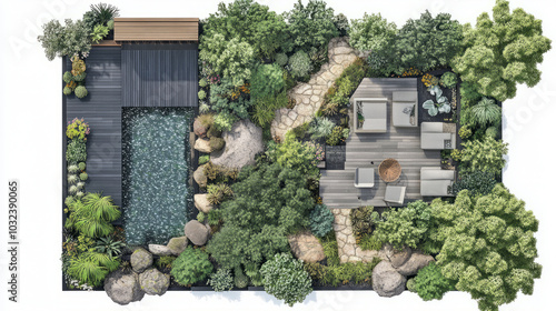A landscape design team planning a modern, eco-friendly garden with a mix of native plants, water features, and seating areas