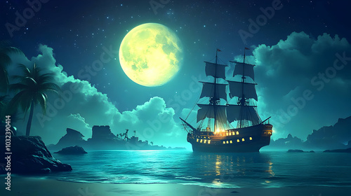 A Sailing Ship Navigates a Tropical Bay Beneath a Luminous Full Moon. photo