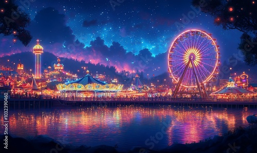 A vibrant carnival at night with a Ferris wheel, a carousel, and twinkling lights reflected in the water.