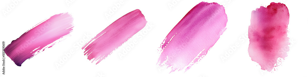 Four vibrant pink paint strokes on a transparent background, showcasing different textures and intensity levels. Four vibrant pink paint strokes on a transparent background, showcasing different textures and intensity levels.