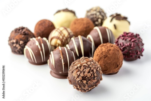 Assorted filled chocolate candies on a white background, with full depth of field, highlighting the glossy finishes and rich fillings